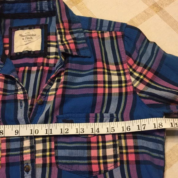 🎁2/$12 ABERCROMBIE & FITCH M COTTON BUTTON UP PINK, BLUE & YELLOW PLAID SHIRT - Picture 11 of 12